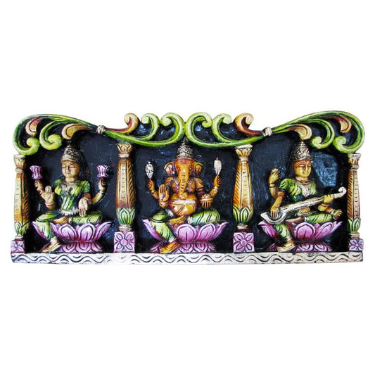 Enduring Hand-Carved Wooden Lgs Panel – Lakshmi Ganesha Saraswati Wall Decor
