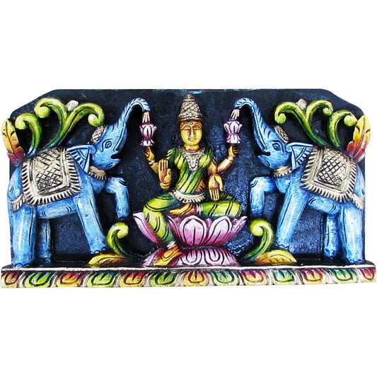 Handcrafted Wooden Gajalakshmi Panel – Goddess Lakshmi With Elephants Wall Art