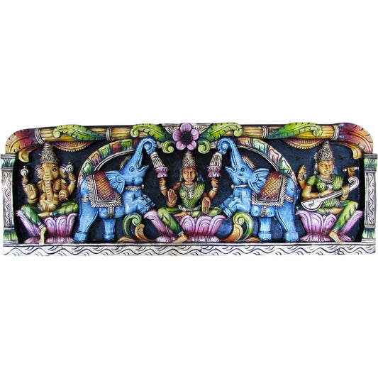Enduring Lakshmi Ganesha Saraswati Wall Panel – Hand-Carved Wooden Sculpture With Elephants