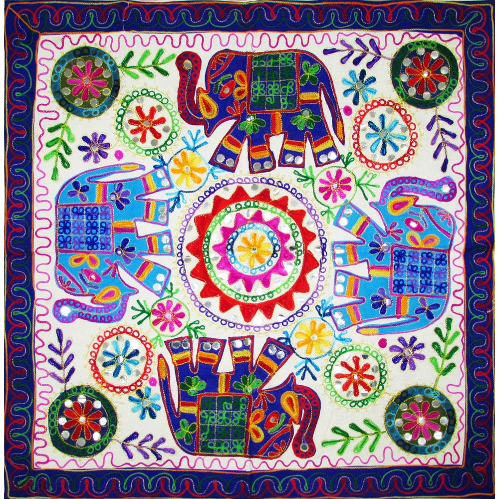 Colorful Elephant Embroidered Gujarati Wall Hanging – Square Tapestry