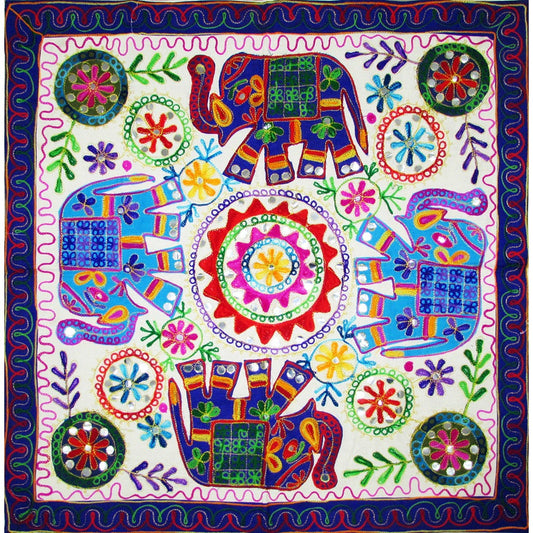 Colorful Elephant Embroidered Gujarati Wall Hanging – Square Tapestry