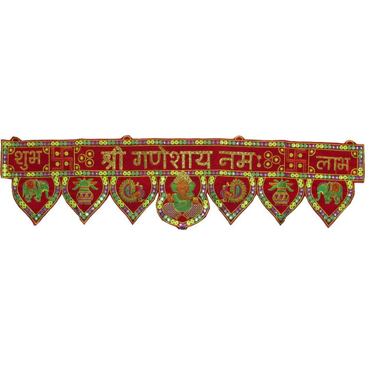 Traditional Velvet Toran/Door Hanging With "Shri Ganeshaya Namah" And Peacock Motifs