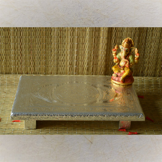 Silvery Embossed Silver Pooja Manai – Floral Design