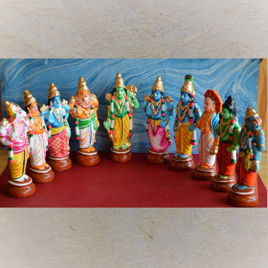 Handcrafted Dasavatharam idol set showcasing the ten incarnations of Lord Vishnu with vibrant detailing for Navaratri Golu.