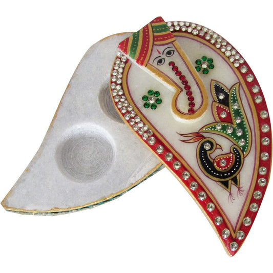 Marble Ganesh Marble Chopda – Hand-Painted Pooja Kumkum Holder