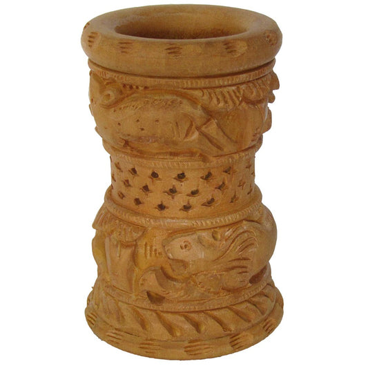 Hand-Carved Jali Pen Stand – Elephant & Fish Motif In Soapstone Finish