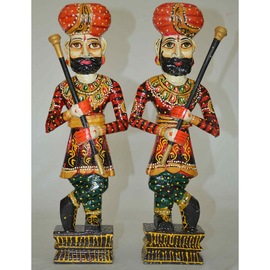 Enduring Rajasthani Soldier Figurine Set – Hand-Painted Wooden Royal Guards (Pair)