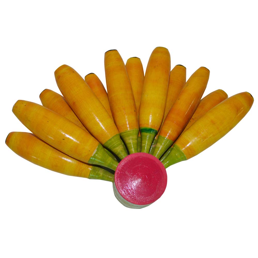 Handcrafted decorative banana set with yellow bananas and a red wooden base, perfect for Navarathri Golu and home decor.