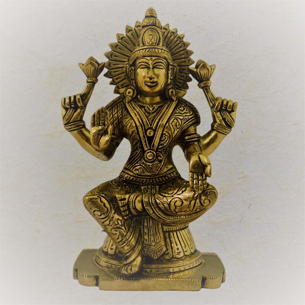 Eternal Blessing Lakshmi Idol in antique brass finish, seated on a lotus with intricate detailing.