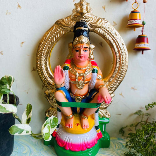 Handcrafted Navarathri Golu doll of Lord Ayyappan seated with an ornate arch.