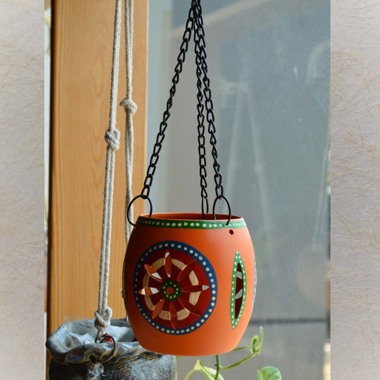 Earthen Matka Hanging T-Light - Orange