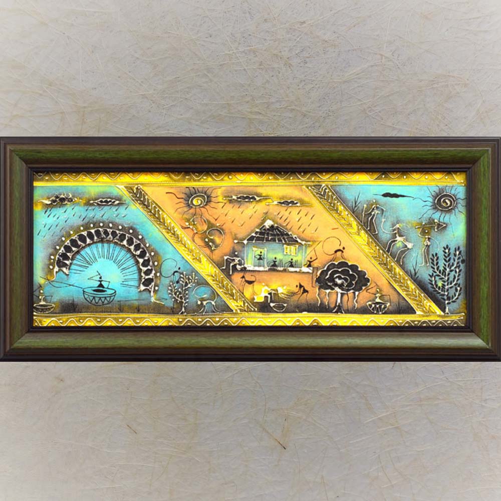 Traditional Warli Painting in Wooden Frame with Blue and Earthy Tones Depicting Village Life