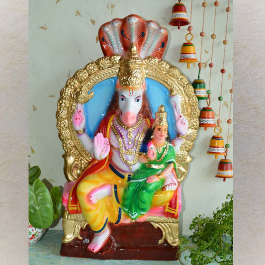 Handcrafted Navarathri Golu Doll depicting Lord Hayagreevar with Goddess Lakshmi seated on his lap, painted in vibrant colors and adorned with gold accents.