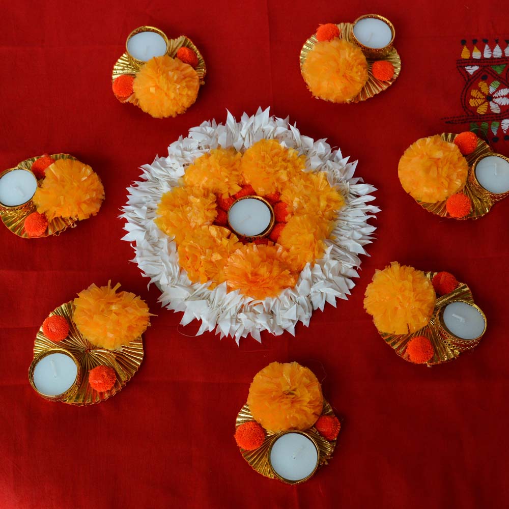 Fancy Marigold And White Floral Floor Decoration