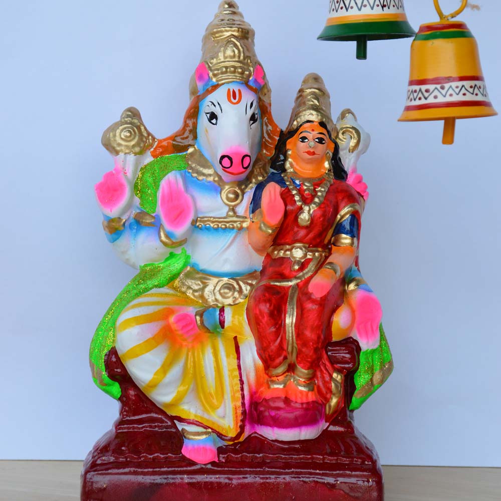 Handcrafted Navaratri Hayagreeva Golu doll depicting Lord Hayagreeva with a horse head seated beside Goddess Lakshmi, painted with vibrant colors on a decorative base.