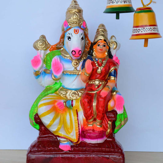 Handcrafted Navaratri Hayagreeva Golu doll depicting Lord Hayagreeva with a horse head seated beside Goddess Lakshmi, painted with vibrant colors on a decorative base.