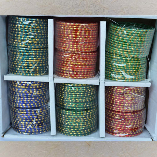 Set of colorful glass bangles with large gold single dots, size 2.4, perfect for traditional wear and festive occasions.