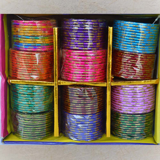 Box of 12 colorful glass bangles with 4 gold cut-line patterns, ideal for festive occasions, weddings, and traditional attire.