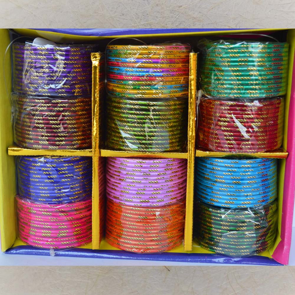 Box of 12 colorful glass bangles featuring 4 gold cut-line patterns, ideal for festive occasions, weddings, and traditional wear.