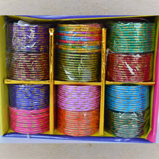 Box of 12 colorful glass bangles featuring 4 gold cut-line patterns, ideal for festive occasions, weddings, and traditional wear.