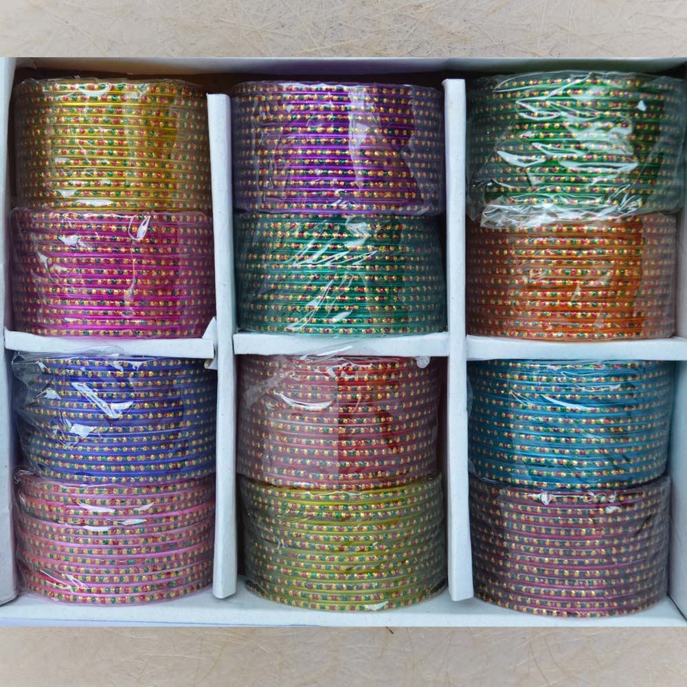 Set of 12 multi-color glass bangles with dotted design, perfect for festive occasions, weddings, and traditional wear.