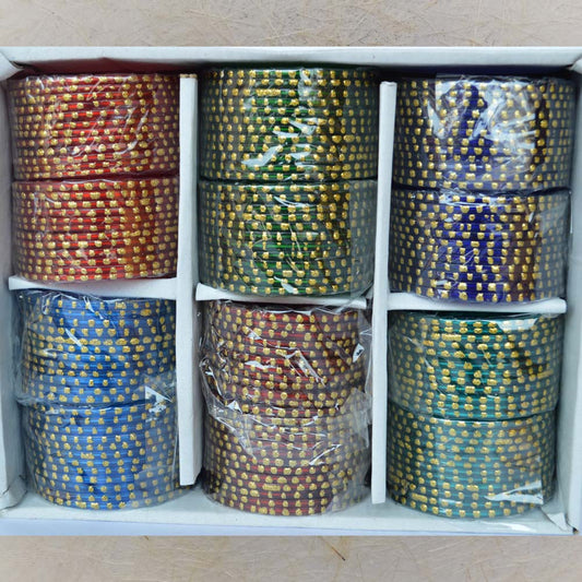 Set of vibrant glass bangles with large gold single dots, size 2.8, perfect for traditional wear and festive occasions.