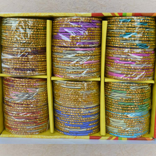Box of 12 colorful glass bangles featuring black stripes and shimmering gold lines, ideal for festive occasions, weddings, and contemporary fashion.