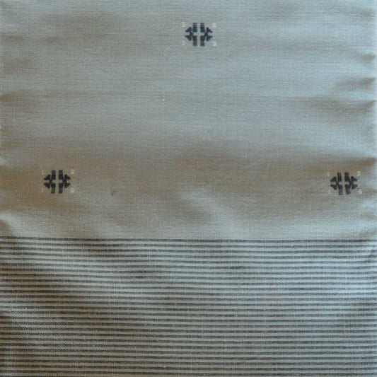 Grey cotton blouse fabric with woven stripes and motif design, 1-meter length.