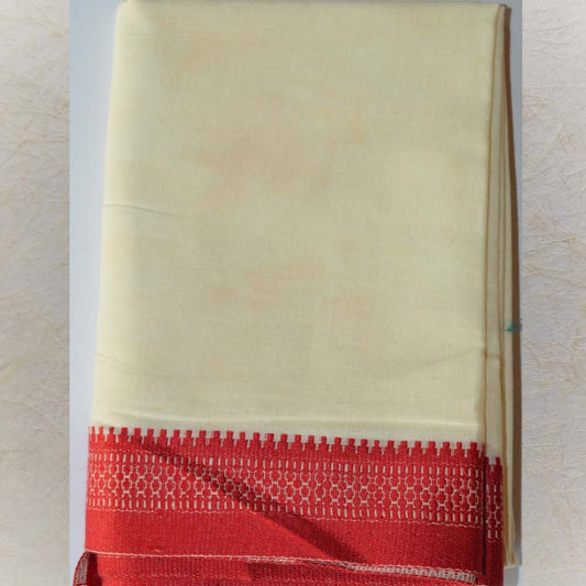 Off-white blouse fabric with a red woven border, 1-meter length.