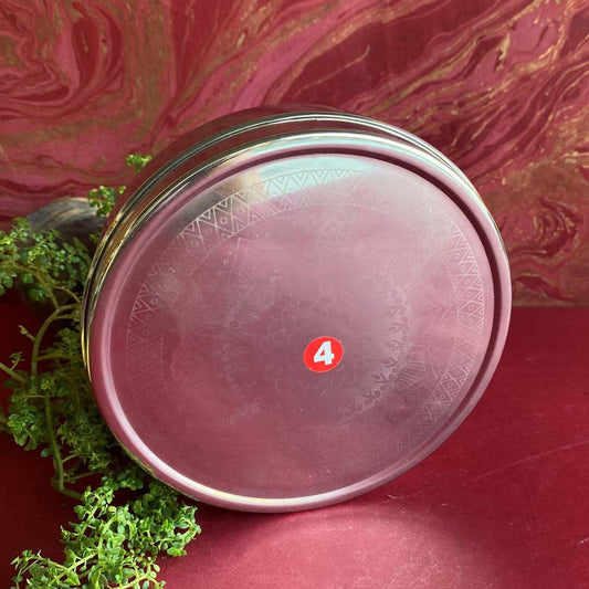 Circular stainless steel food container with an engraved flower design on the lid, size 6, resting against a vibrant red background with greenery.