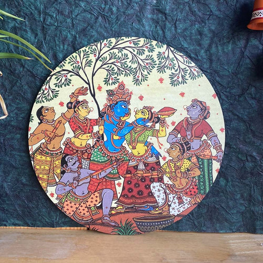 Radha Krishna Holi Circular Wall Art with Gopis Playing Holi in Vibrant Colors