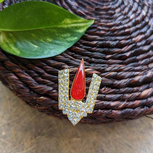 Traditional Naamam sticker with red accent and crystal embellishments on a gold-toned base, displayed on a woven mat with green leaves.