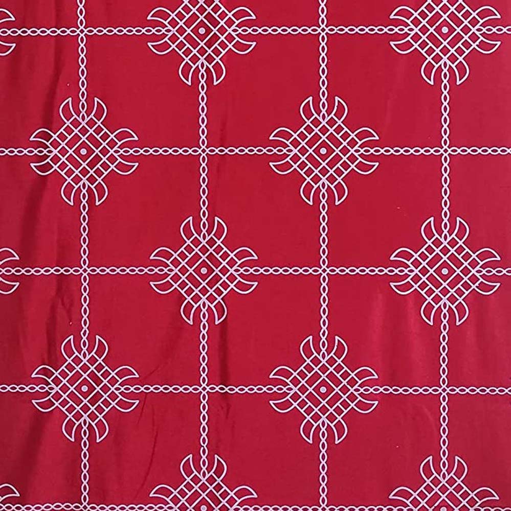 Festive red backdrop screen with intricate white Kollam design, perfect for pooja and traditional decor.
