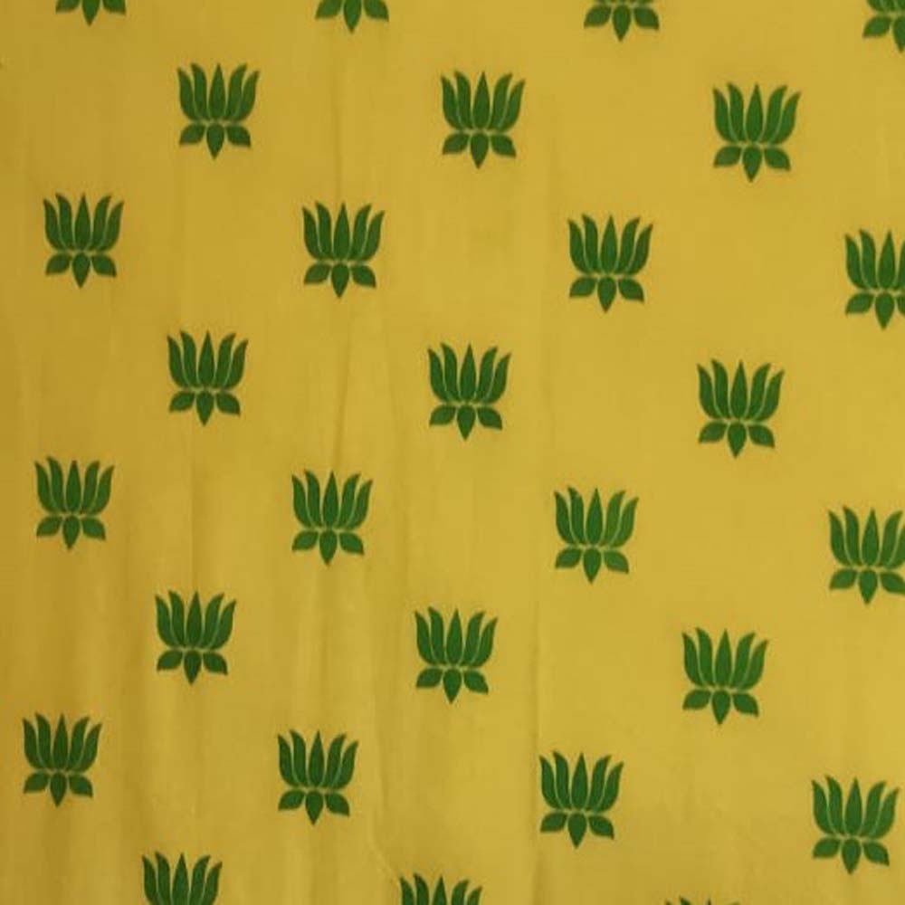 Festive yellow backdrop screen with a green lotus print, ideal for pooja and festive decor.