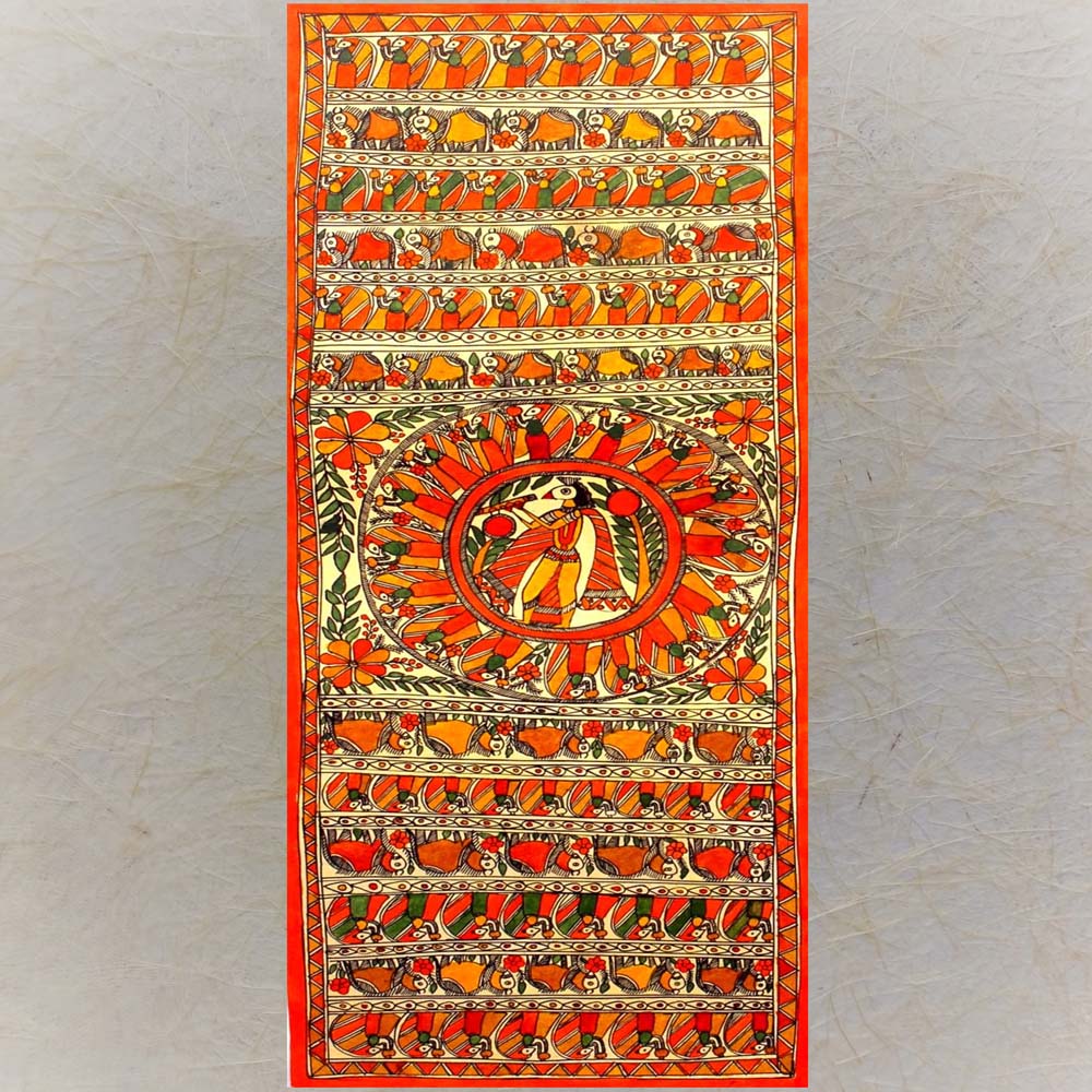 Madhubani Painting 109 - Krishna Playing Flute And Surrounded By Gopikas And Animals