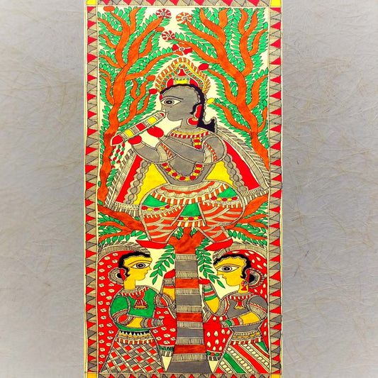 Madhubani Painting 110 - Krishna Playing Flute On Tree