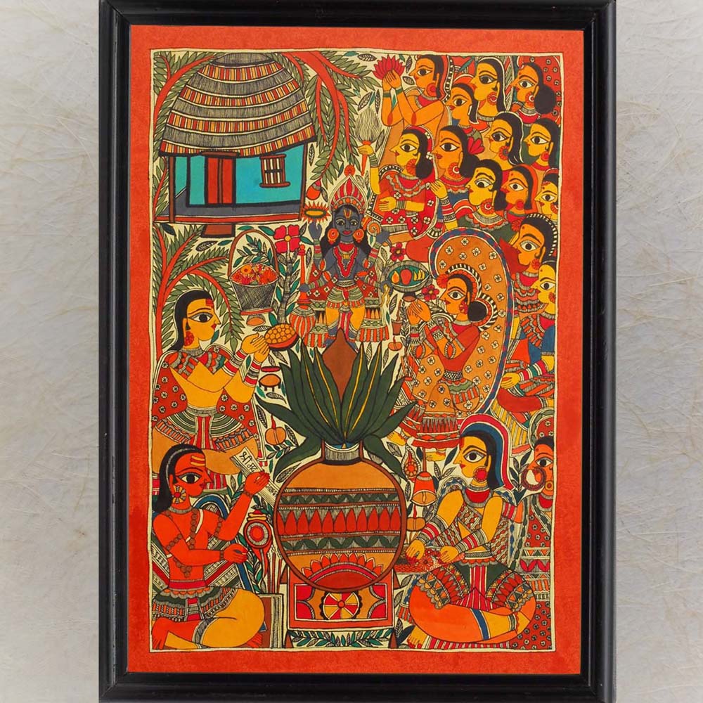 Madhubani painting of Satyanarayana Vrath depicting sacred rituals, devotees, and the Kalash, with vibrant traditional colors and intricate detailing.