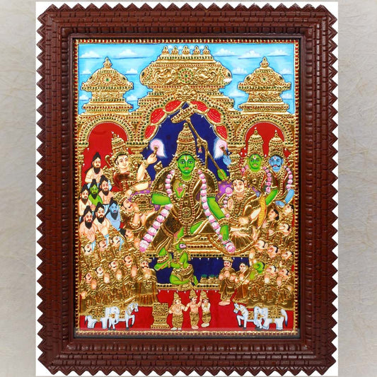 Tanjore painting of Rama Pattabhishekam with Lord Rama, Sita, Lakshmana, Hanuman, and celestial beings, featuring gold foil embellishments and vibrant colors.