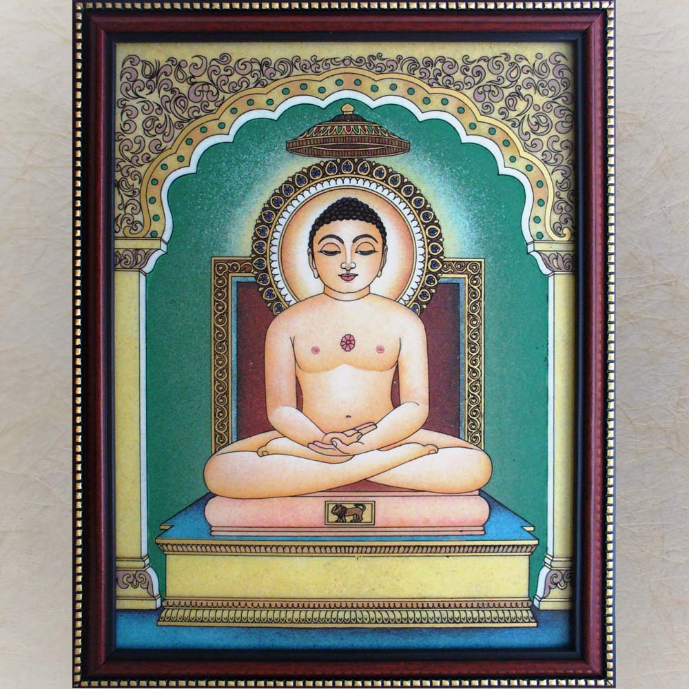 Framed painting of Lord Mahaveer sitting in a meditative posture on an ornate throne with a decorative arch and peaceful background.