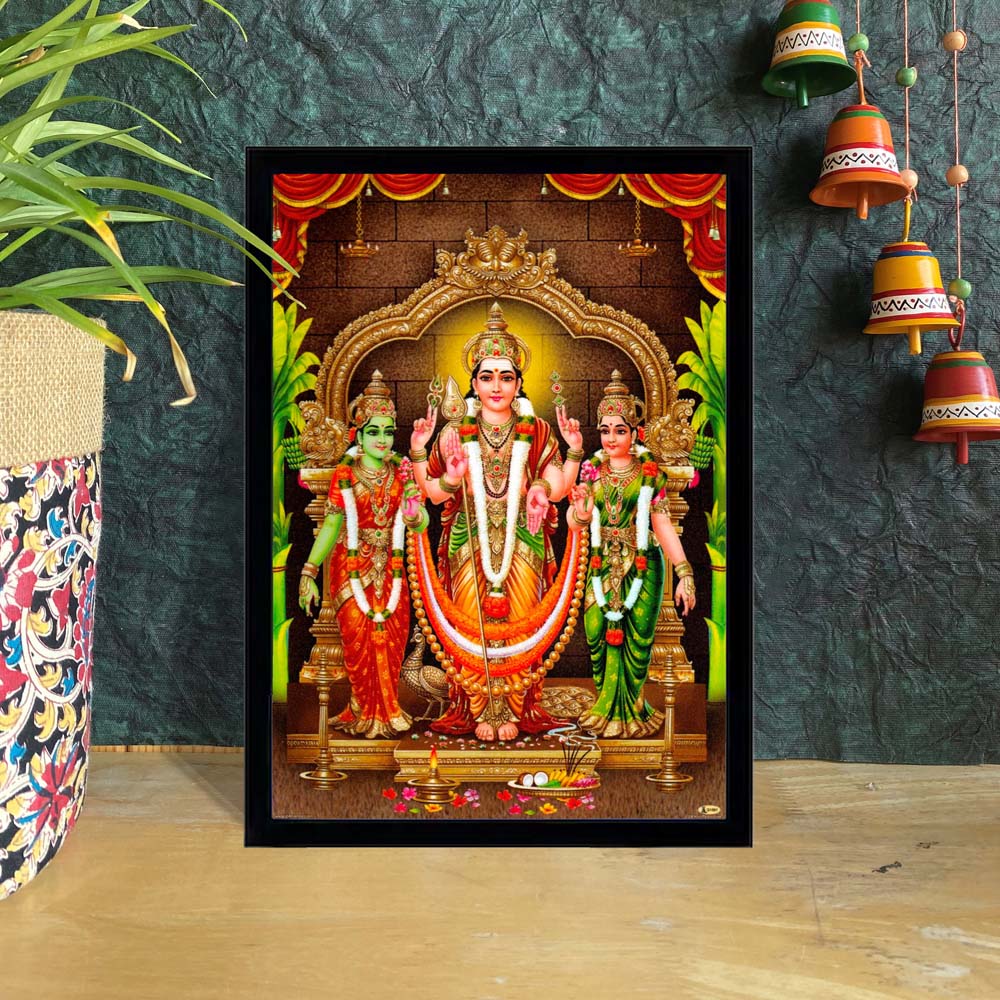 Lord Murugan standing with Valli and Devayani in a vibrant and intricately detailed spiritual artwork.