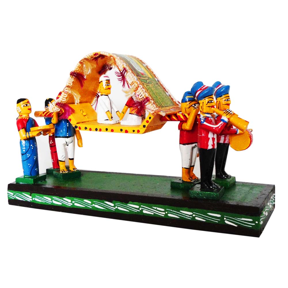 Handcrafted Navarathri Golu Palaki Procession Set with Band in vibrant colors, featuring a traditional palanquin and musicians.