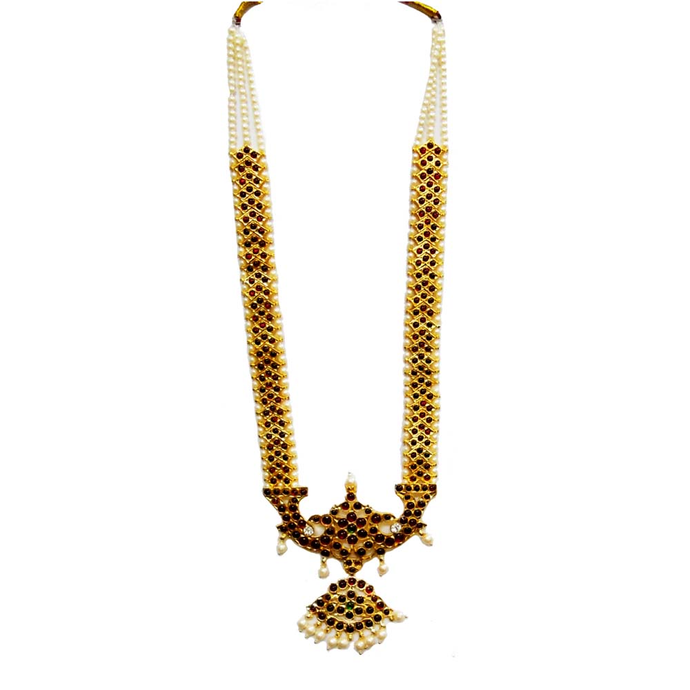 Temple Jewelry Long Necklace with red and green Kemp stones and pearl accents