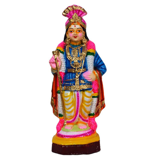 Handcrafted Navaratri Golu doll of Lord Murugan in Raja Alankaram, featuring royal attire with intricate details and vibrant colors.