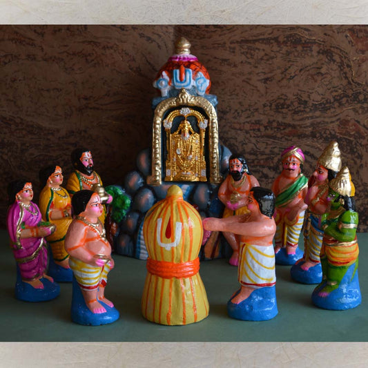 Handcrafted Navarathri Golu Tirupati Set with the Tirupati shrine, Lord Balaji, and colorful figurines of devotees.