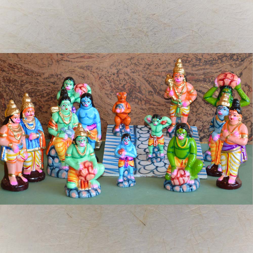 Ramayana Golu Dolls Ramar Paalam Set featuring handcrafted and hand-painted figurines of Lord Rama, Hanuman, and vanaras building the bridge to Lanka.