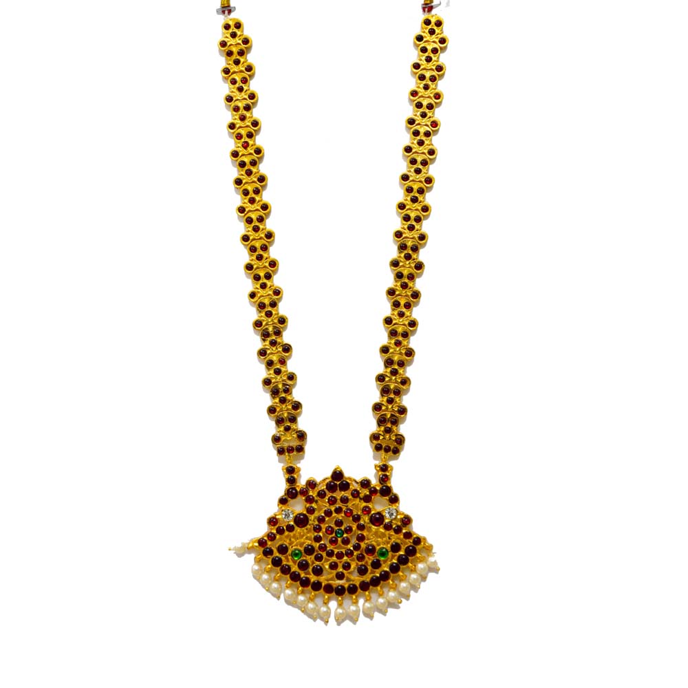 Traditional Temple Jewelry long necklace with red and green Kemp stones, pearls, and a decorative gold-tone pendant