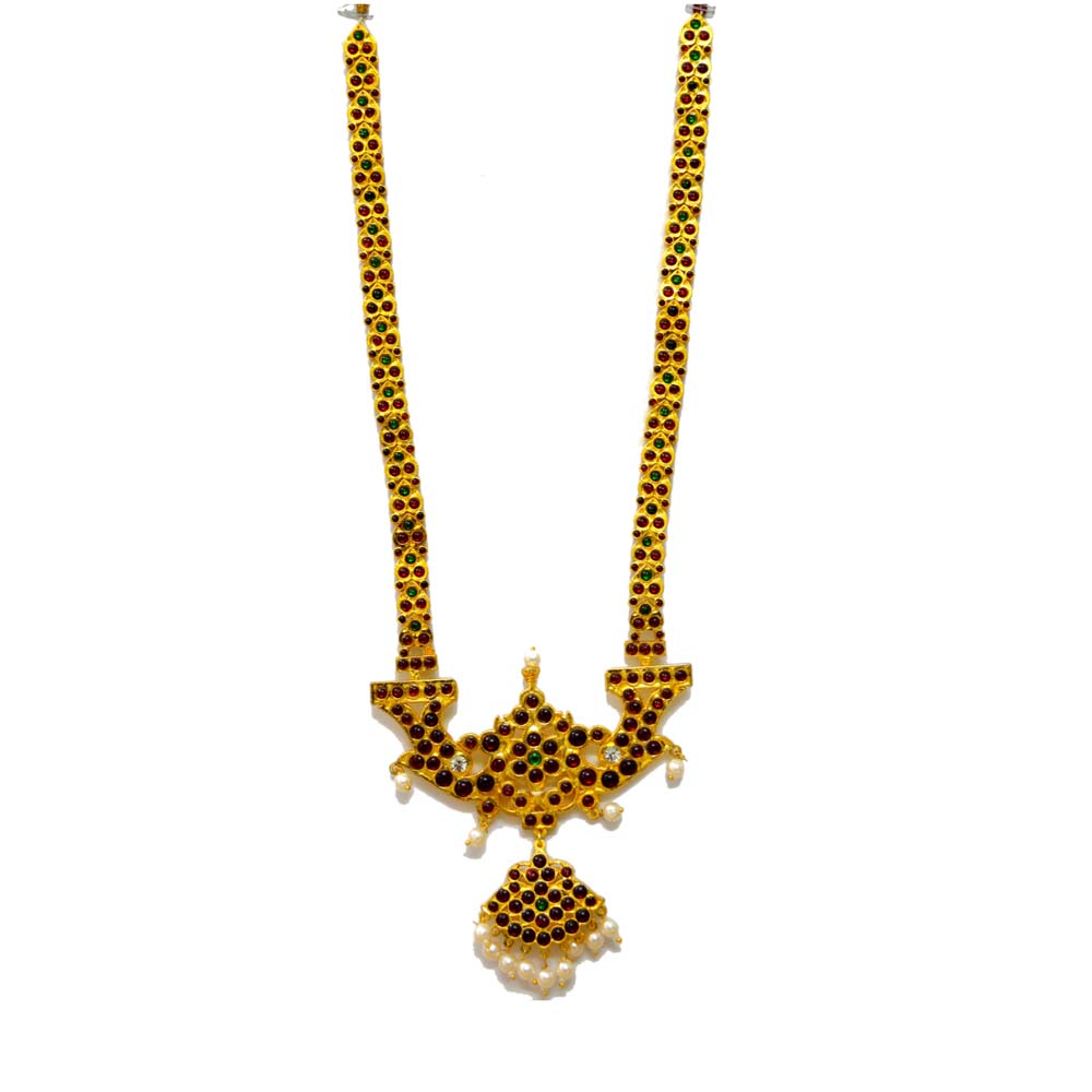 Temple Jewelry long necklace with red and green Kemp stones, pearls, and a decorative pendant in traditional South Indian design