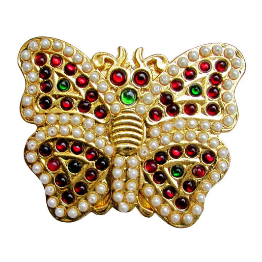 Temple Jewelry Butterfly Rakodi with red and green Kemp stones, pearl accents, and gold-tone finish