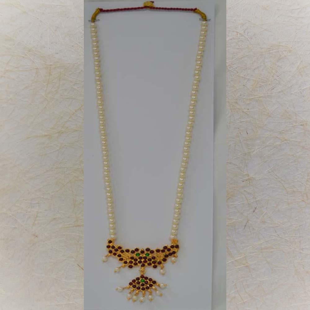 Temple Jewelry Muthu Malai with pearl strands and Kemp stone-adorned pendant