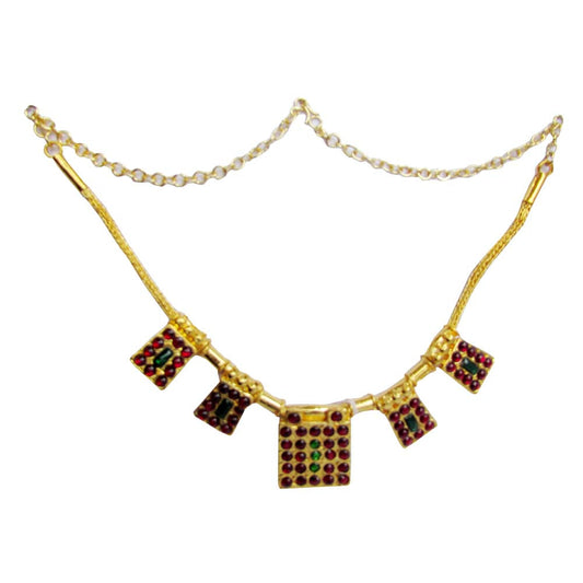 Temple Jewelry Short Necklace with red and green Kemp stones, pearls, and gold-tone finish